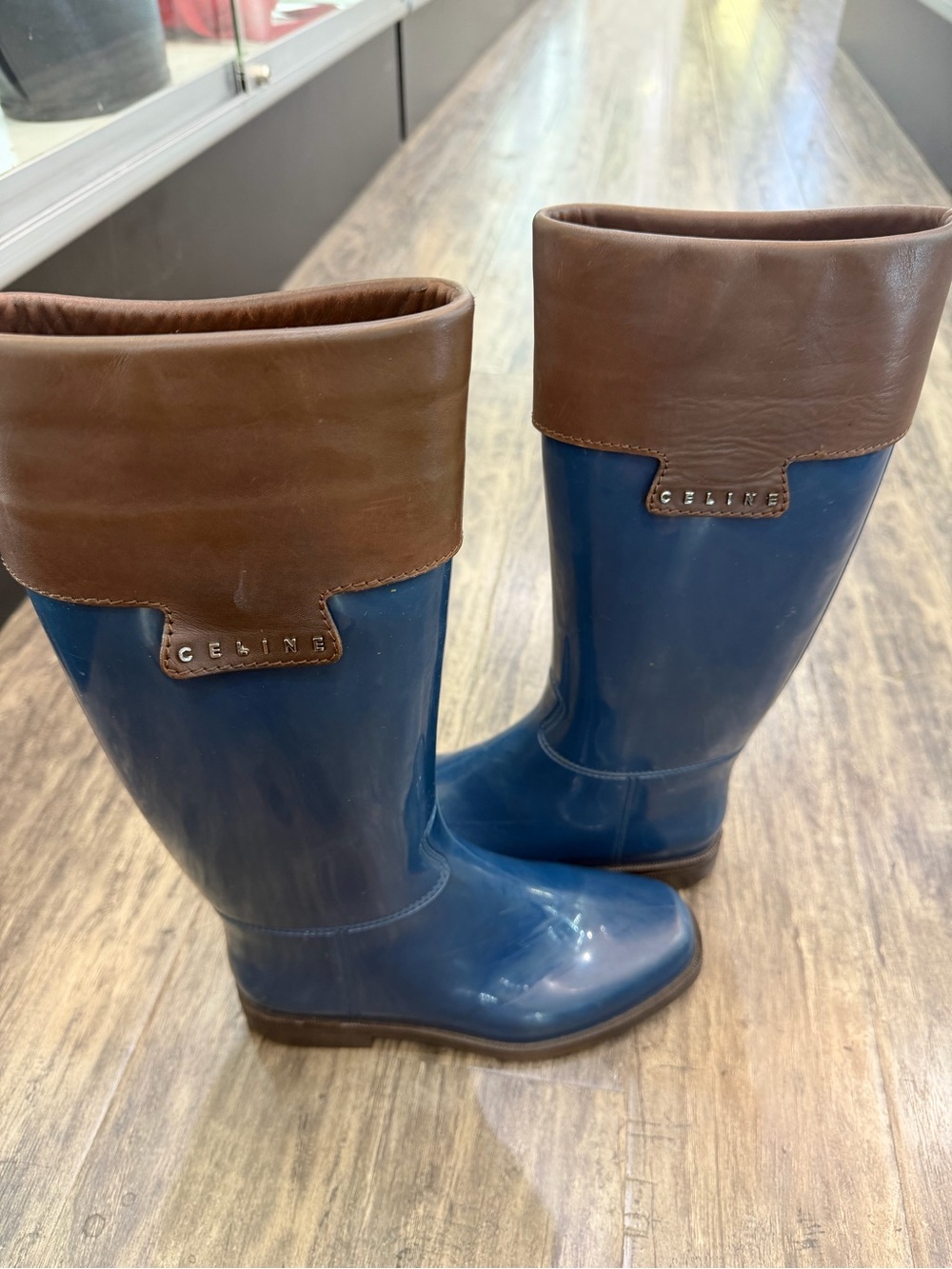 Celine Blue and Brown Tall Rain Boots